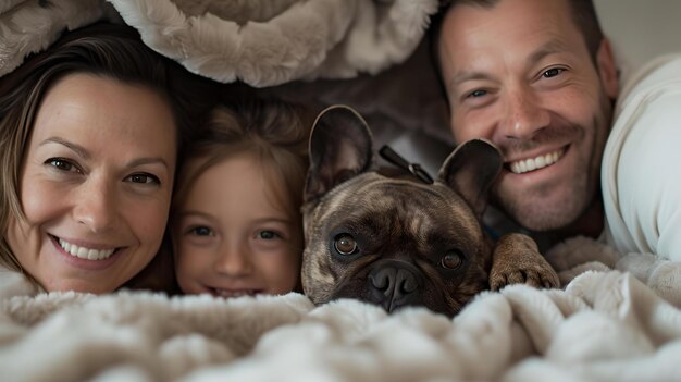 Foto familie en huisdier genieten van gezellige tijd samen in bed glimlachend geluk warmte vastgelegd casual indoor lifestyle moment ai