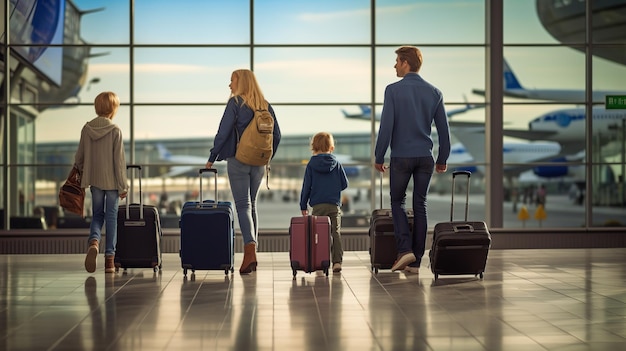 Familie en kinderen met veel koffers op de luchthaven Reizen op vakantie reisconcept kopieer ruimte voor tekst