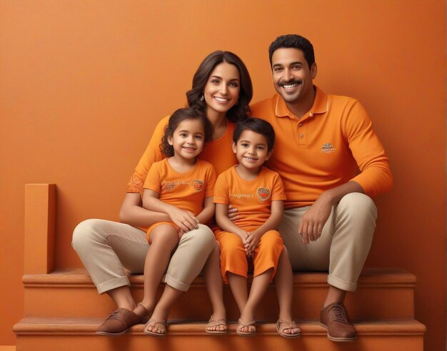 familie foto's portretten momenten een familie poseert voor een foto in een oranje kamer