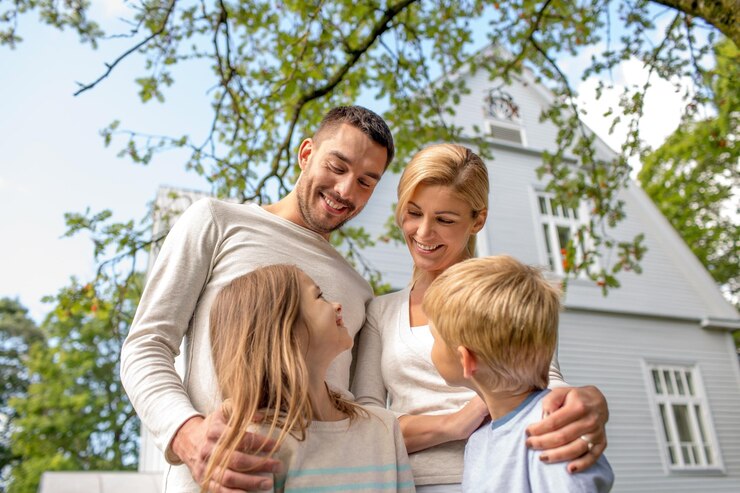 Foto familie, geluk, generatie, huis en mensenconcept - gelukkige familie die buiten voor huis staat