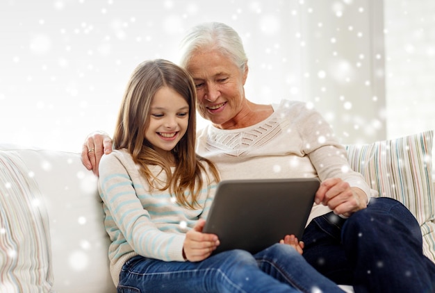 familie, generatie, technologie en mensen concept - lachende kleindochter en grootmoeder met tablet pc-computer zittend op de bank thuis