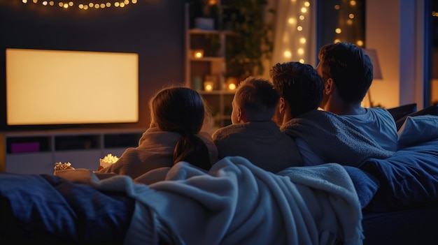 Familie geniet van een donkere kamer op een houten bank voor het tv-evenement AIG41