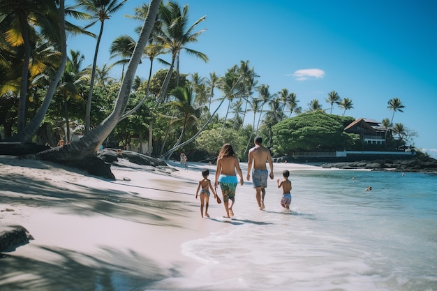 Familie geniet van een zonnige dag op het strand van Bali