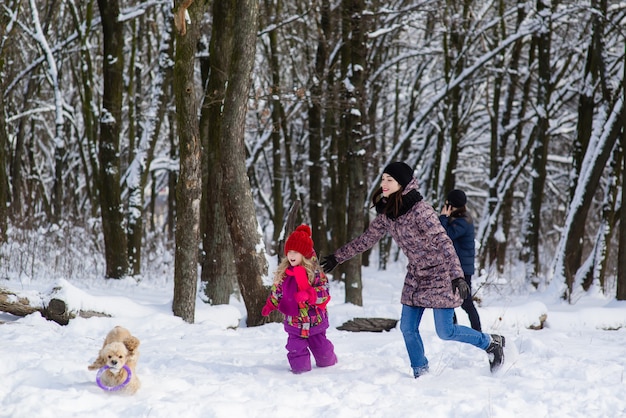 Familie gerund in de sneeuw na hun hond met paarse speelgoed
