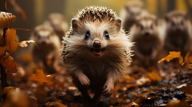 familie groep egels poseren in de herfst bos gemeenschap collectieve wilde dieren blad vallen in oktober