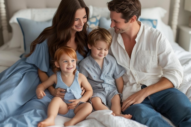 Familie in blauwe kleren zit op een bed en glimlacht