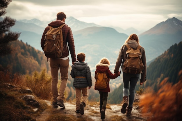 Familie in de bergen lopen met rugzakken tegen de achtergrond van zonsondergang achteraanzicht Hoge kwaliteit foto