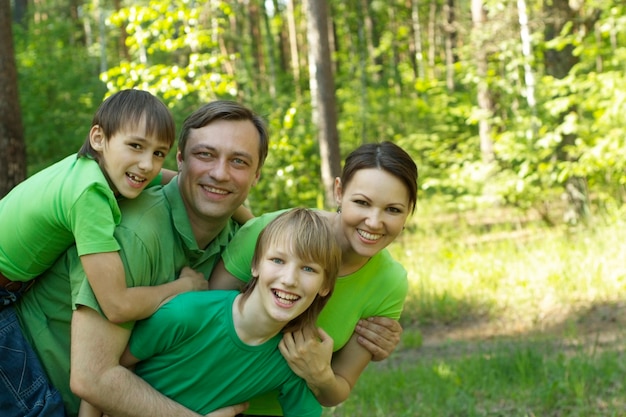 Familie in de groene trui rust uit in een zomerpark