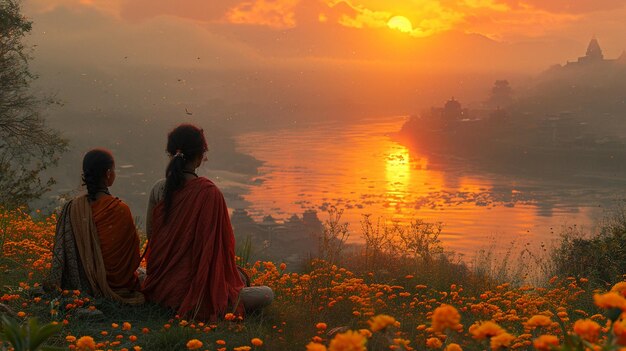 Foto familie kijkt naar de zonsopgang op gudi padwa ochtend