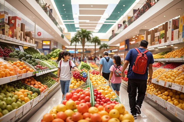 familie koopt eten in de supermarkt, loopt een kar en kiest samen boodschappen