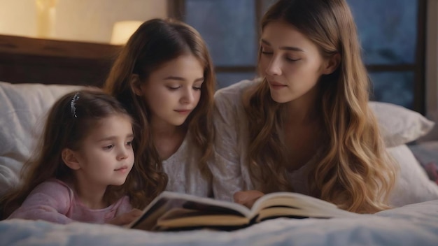 Familie leest voor het slapen gaan mooie jonge moeder leest een boek voor aan haar dochter