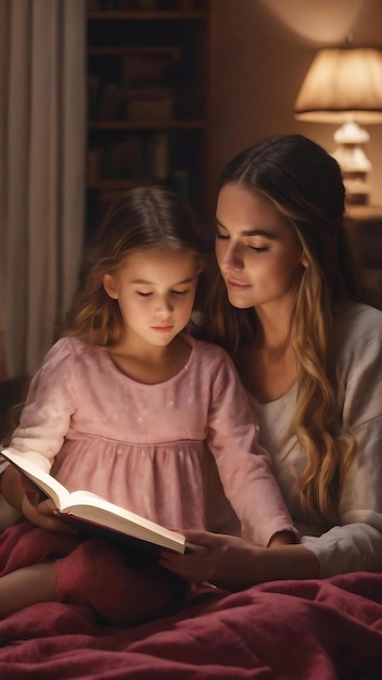 Familie leest voor het slapen gaan mooie jonge moeder leest een boek voor aan haar dochter