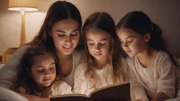 Familie leest voor het slapen gaan mooie jonge moeder leest een boek voor aan haar dochters