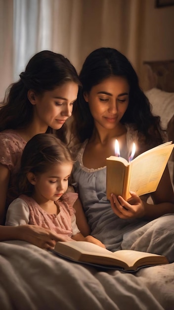 Familie leest voor het slapen gaan mooie jonge moeder leest een boek voor aan haar dochters