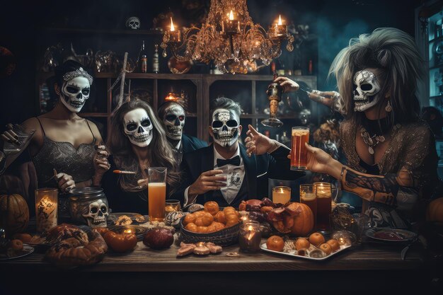 Familie met Halloween-kostuums die een selfie maakt op een feestje