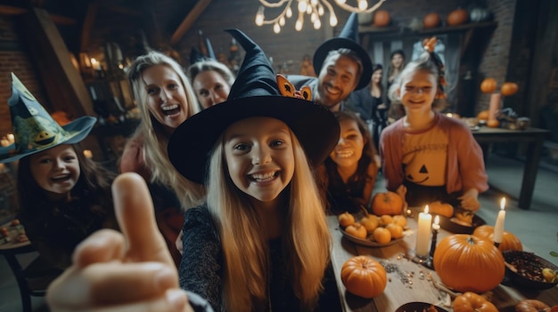 Familie met halloween-kostuums die selfie maken Achtergrondkleur HD Generatieve Ai