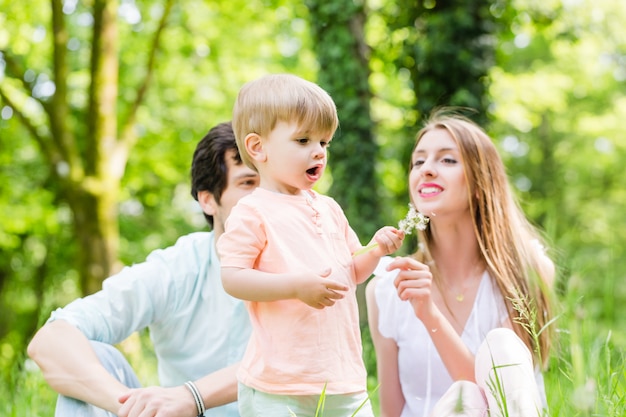 Familie met zoon op zaad van de weide het blazende paardebloem