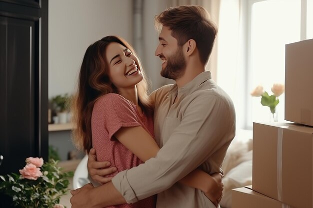 Familie nieuw huis verhuizen in gelukkig en opgewonden jong koppel Generatieve AI