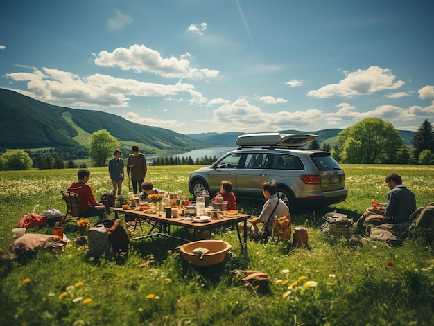 Familie op een picknick Generatieve AI