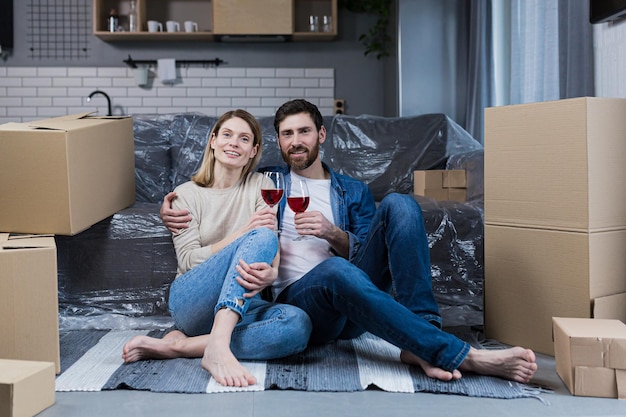 Familie paar verliefd man en vrouw zittend op de vloer vieren een nieuw huis in een nieuw appartement wijn drinken tussen kartonnen dozen