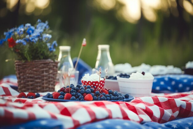 Foto familie picknick met rode witte en blauwe decoraties onafhankelijkheidsdag