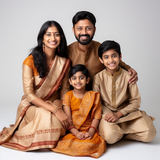 Familie poseert voor een portret in traditionele Indiase kleding