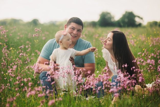 Familie samen genieten van het leven op het gebied van de zomer met wilde bloemen.