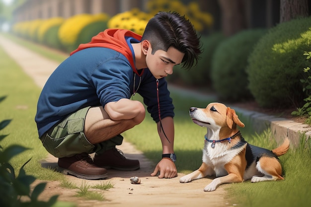 Familie schattige hond en eigenaar jongen plezier samen wallpaper achtergrond illustratie