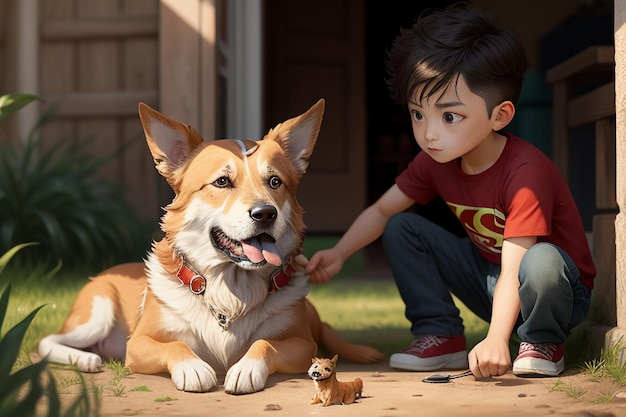 Familie schattige hond en eigenaar jongen plezier samen wallpaper achtergrond illustratie
