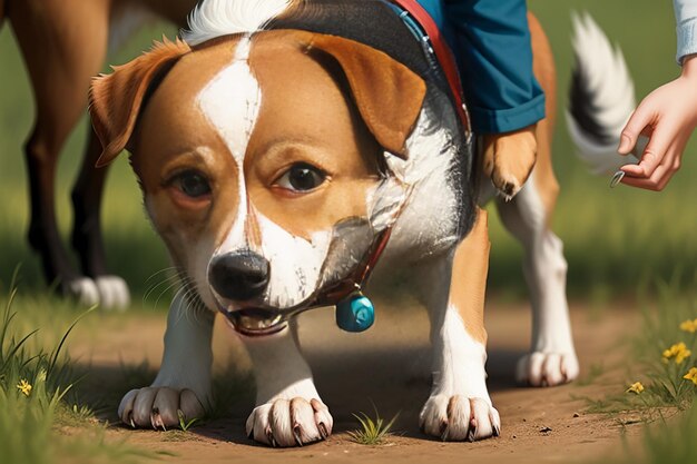 Familie schattige hond en eigenaar jongen plezier samen wallpaper achtergrond illustratie