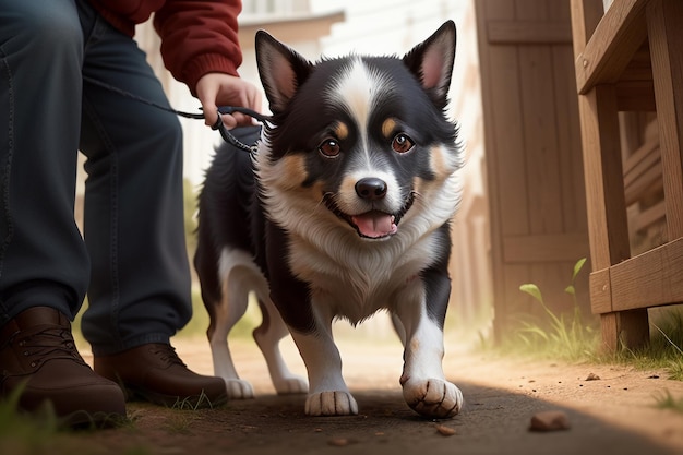 Familie schattige hond en eigenaar jongen plezier samen wallpaper achtergrond illustratie