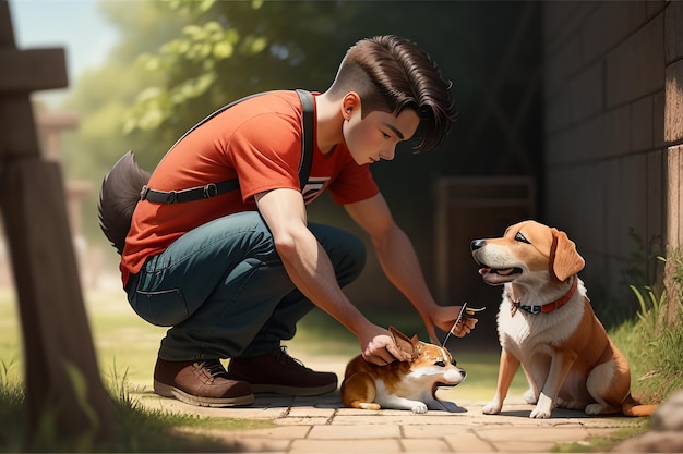 Familie schattige hond en eigenaar jongen plezier samen wallpaper achtergrond illustratie