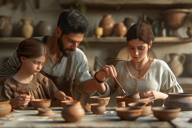 Foto familie schildert samen aardewerk