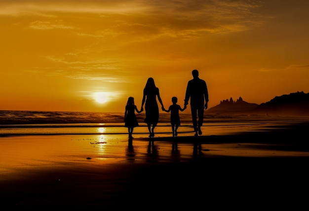 Familie silhouet staande op het strand zonsondergang vader moeder dochter wandeling Generatieve AI