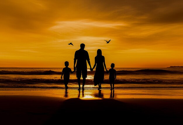 Familie silhouet staande op het strand zonsondergang vader moeder dochter wandeling Generatieve AI