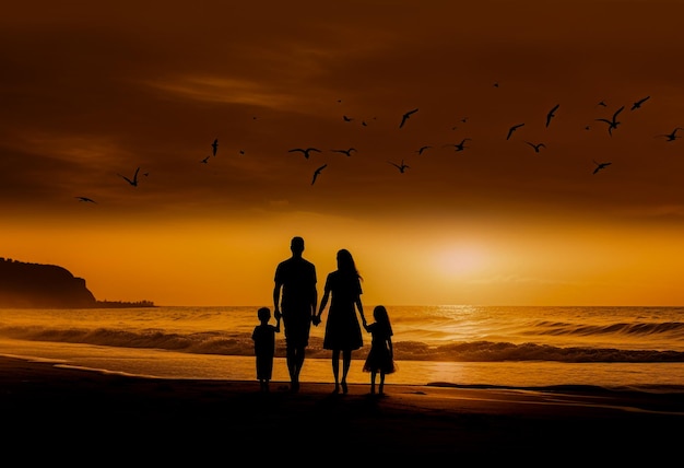 Familie silhouet staande op het strand zonsondergang vader moeder dochter wandeling Generatieve AI