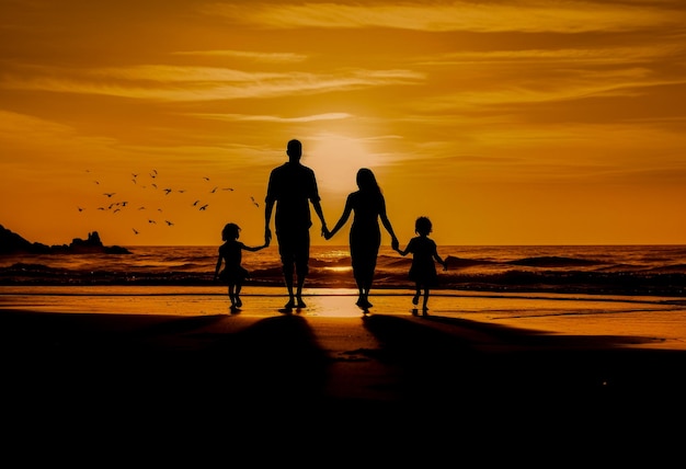 Familie silhouet staande op het strand zonsondergang vader moeder dochter wandeling Generatieve AI