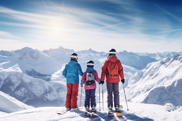 Familie skivakantie Groep jonge skiërs in de bergen van de Alpen Moeder en kinderen skiën in de winter Ouders leren kinderen alpine alpineskiën Ski-uitrusting en oogbescherming veilige helmen Generatieve AI