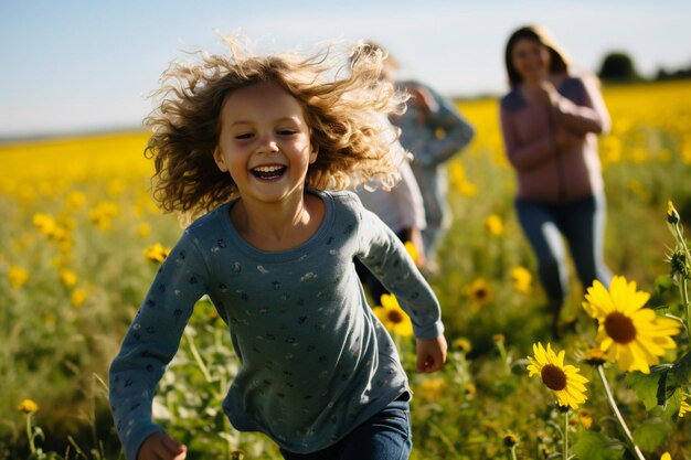 Foto familie speelt in een veld van zonnebloemen