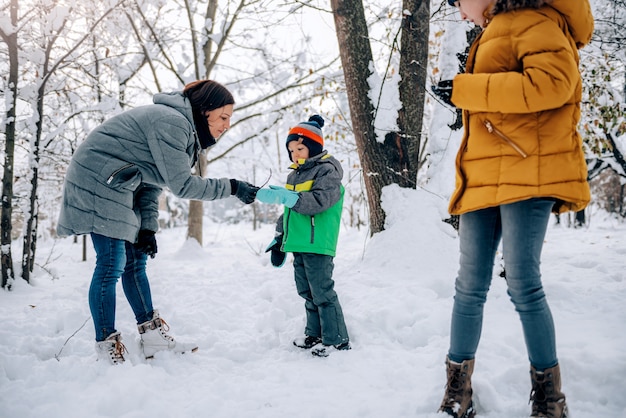 Familie spelen in de sneeuw