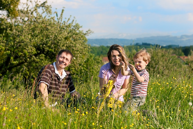 Familie spelen op de weide