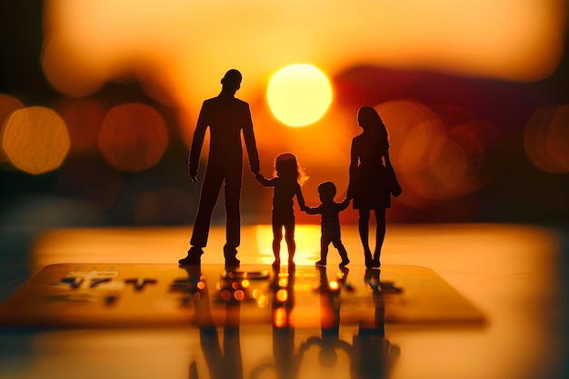 Foto familie staat op een creditcard op de achtergrond van de zonsondergang generatieve ai