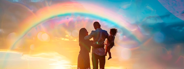 Familie tegen de achtergrond van een regenboog in de lucht Selectieve focus