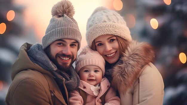 Familie van drie kerstscène heldere achtergrond gegenereerd door AI