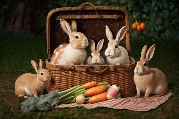 Familie van konijntjes die een paaspicknick hebben met een mand met wortelen, eieren en sandwiches Pasen illustratie generatieve ai