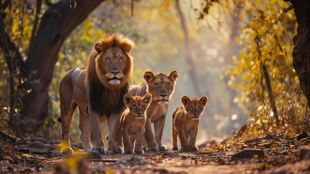 Familie van leeuwen in het ochtendbos.