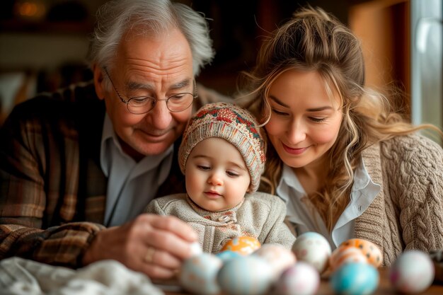 familie van meerdere generaties aan de tafel schilderen paaseieren voorbereiden op Pasen