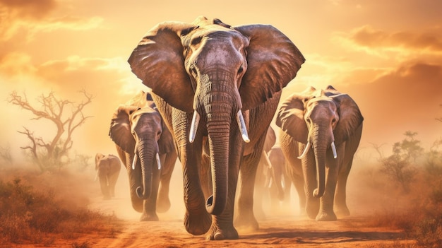 Familie van olifanten die samen lopen en symbool staan voor kracht en eenheid die door AI wordt gegenereerd