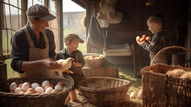 familie van opa en kleinkinderen in het kippenhok, spelen met de kippen en eieren rapen