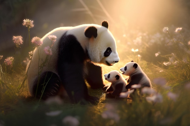 Familie van schattige panda's en hun welpen